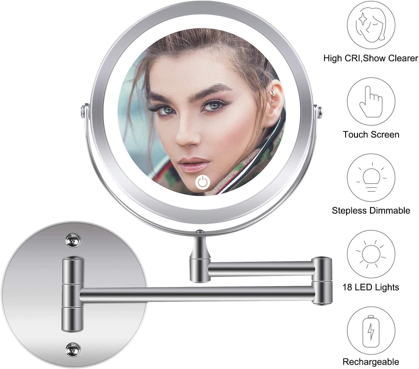 Wall Mounted Makeup Mirror, 1X 10X Magnification 360 Degree Rotation Double Sided Led Lighted Vanity Mirrors for Bathroom AC Adapter or Battery Operated