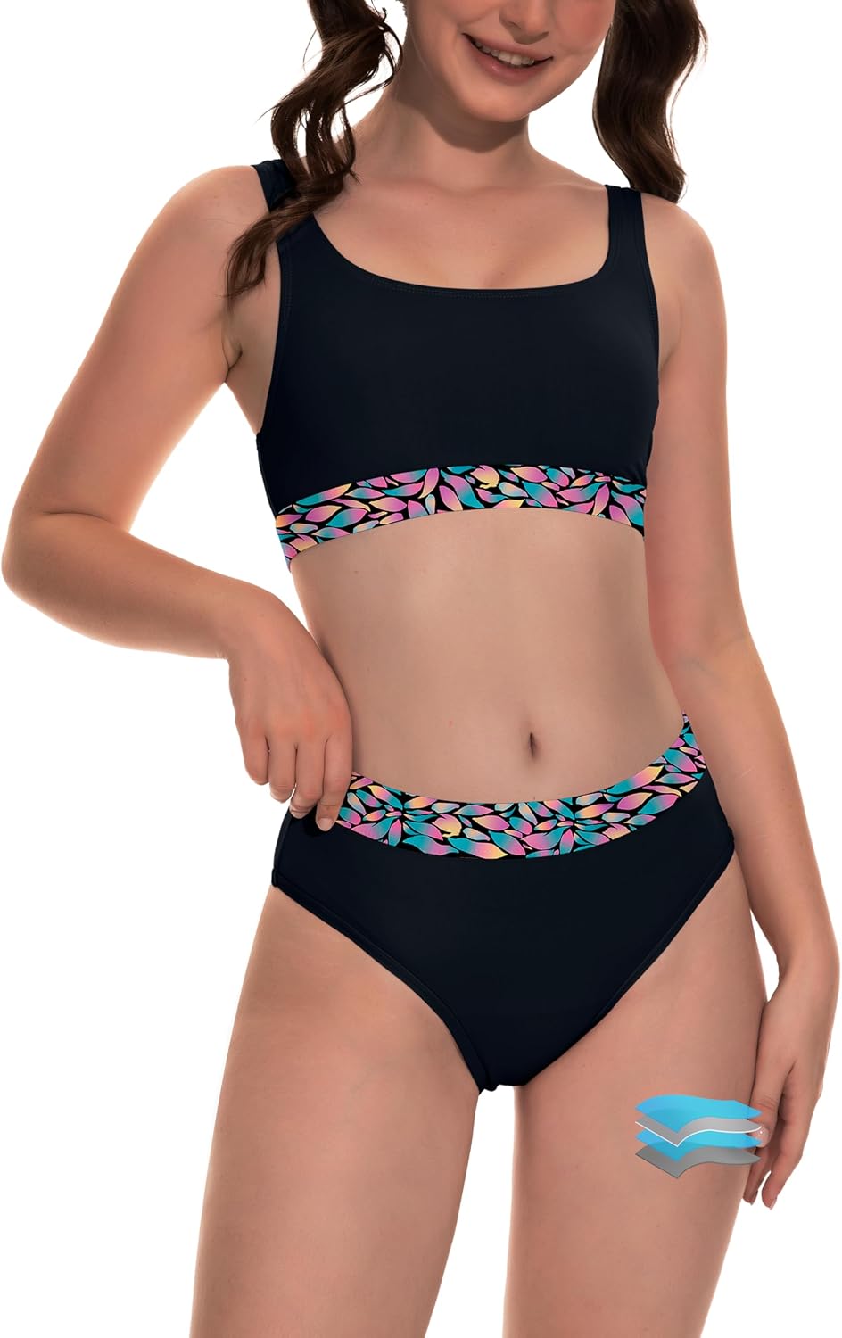 Beautikini Period Swimwear for Teens Two Piece Menstrual Leakproof Swimsuit Bikini Set Mid Waist Print Bathing Suit for Girls