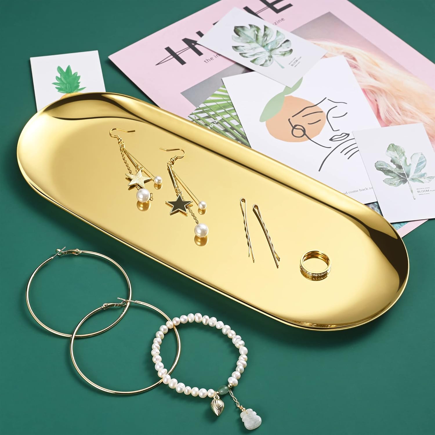 Gold Oval Vanity Tray, Stainless Steel Jewelry Tray, Bathroom Tray, Makeup Cosmetic Trays,Towel Napkin Tray, Storage Organizer,11.8 x 4.8 inches (LxW), Large - Image 4