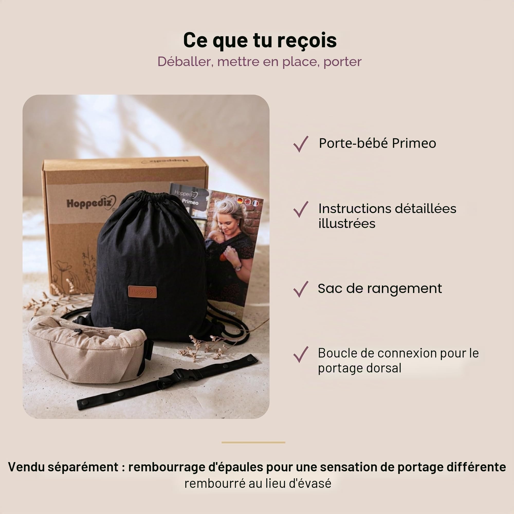 Hoppediz Porte-bébé Primeo Full-Buckle dès la naissance (2.5-15 kg), Porte-bébé ventral et dorsal, Taille Réglable, 100% coton bio, Design Djerba