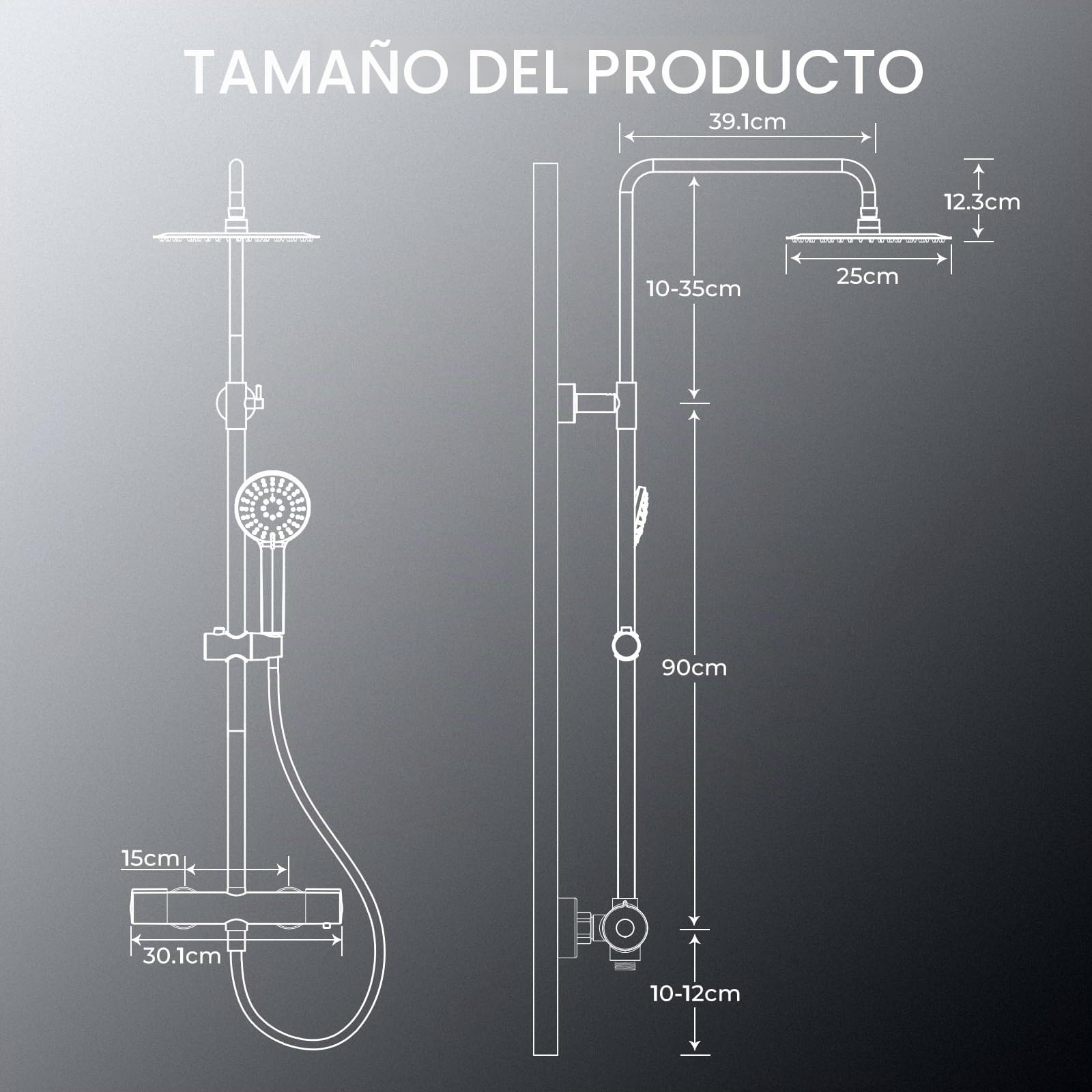 FORIOUS Set Grifo de Ducha Termostático, Set Columna de Ducha de Acero Inoxidable con Barra de Ducha Ajustable en Altura, Ducha de Lluvia Redonda de 25 cm, Ducha de Mano con 3 Tipos de Chorro