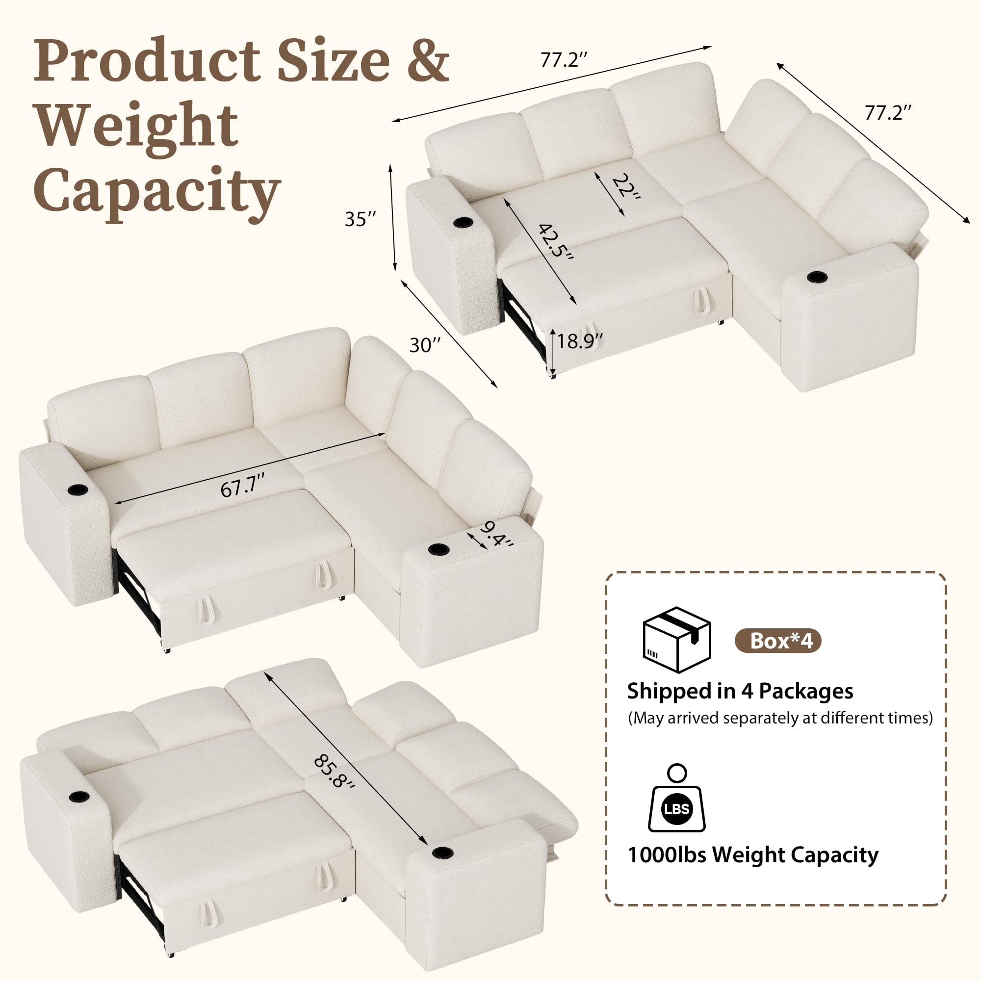 Sofá esquinero modular de 5 plazas en forma de L con función de cama, chaise longue con almacenamiento y puerto de carga USB, cama extraíble, respaldo ajustable, tela de cachemira, beige y