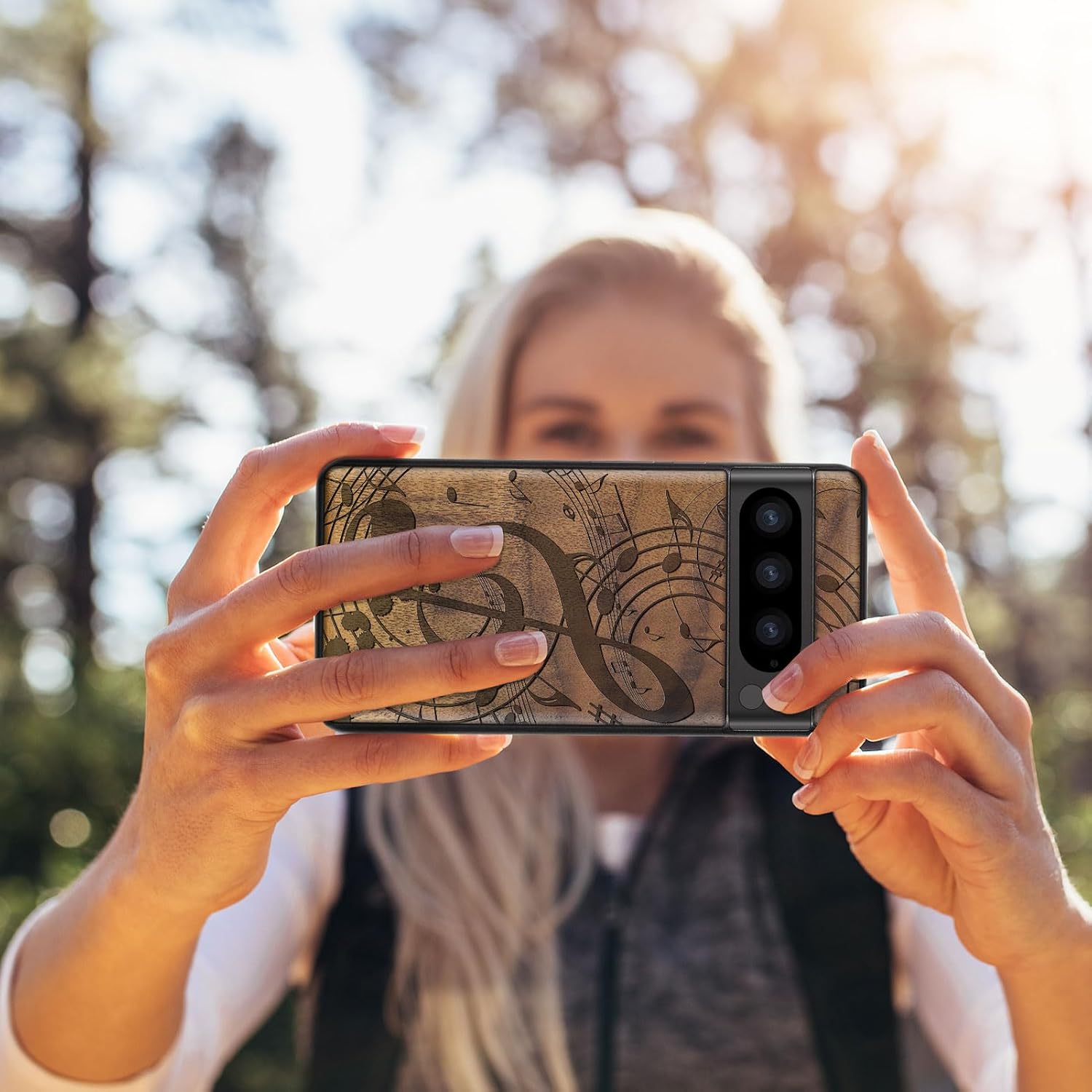 Carveit Wood Case for Pixel 8 Pro Case [Natural Wood & Black Soft TPU] Shockproof Protective Unique Wooden Cover Compatible with Google Pixel 8 Pro (Musical Notes-Walnut)