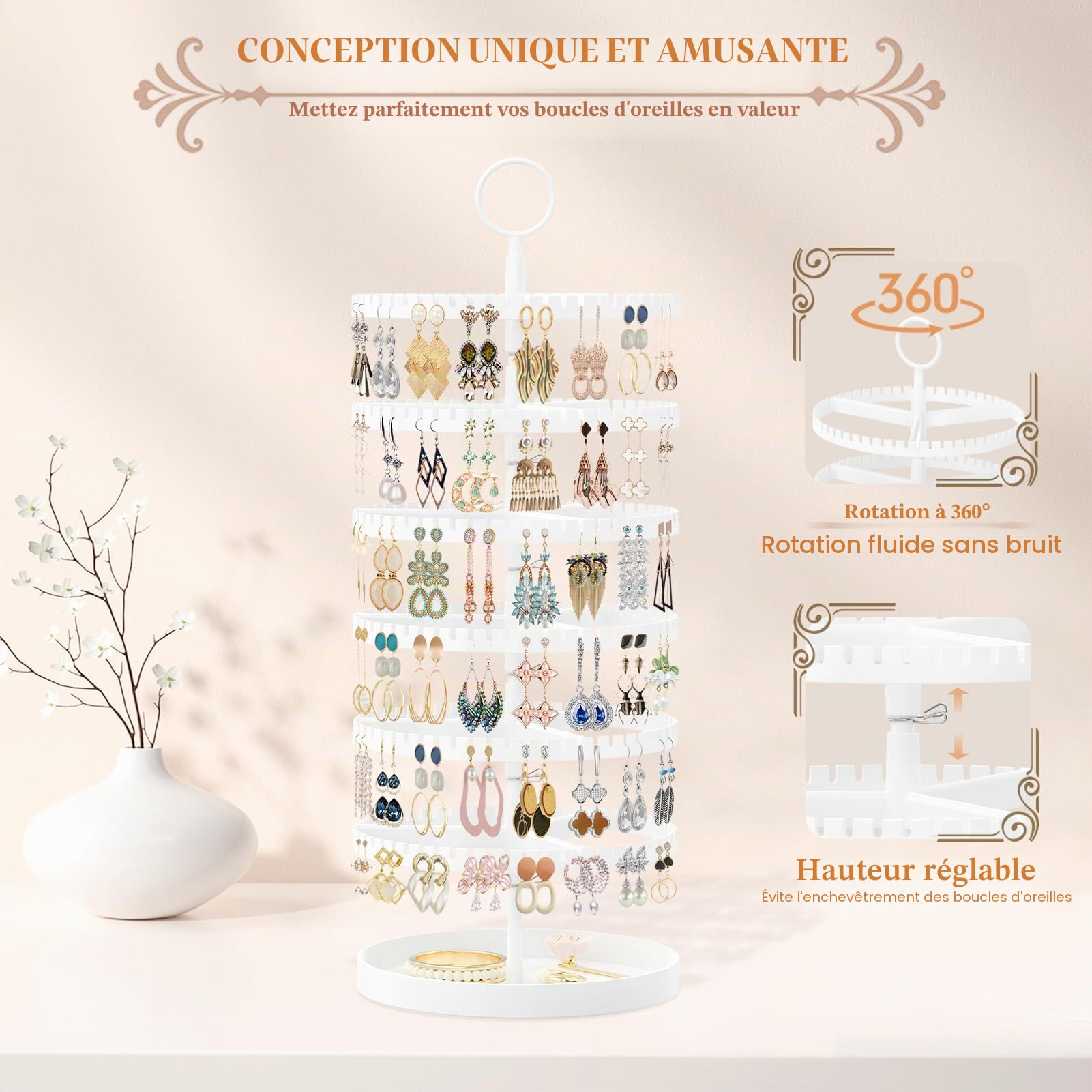 iDavosic.ly Présentoir à boucles d'oreilles à 6 étages avec plateau en métal - En plastique réglable - Avec 342 rainures - Pivotant - Arbre pour filles et femmes - Blanc