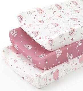 Girls Diaper Changing Pad Covers 3-Pack 32x16 | Soft & Long-Lasting & Easy to Clean, Microfiber Fitted Rectangle Changing Table Sheets, 360° Full Elastic Fit (Pink Rainbow)