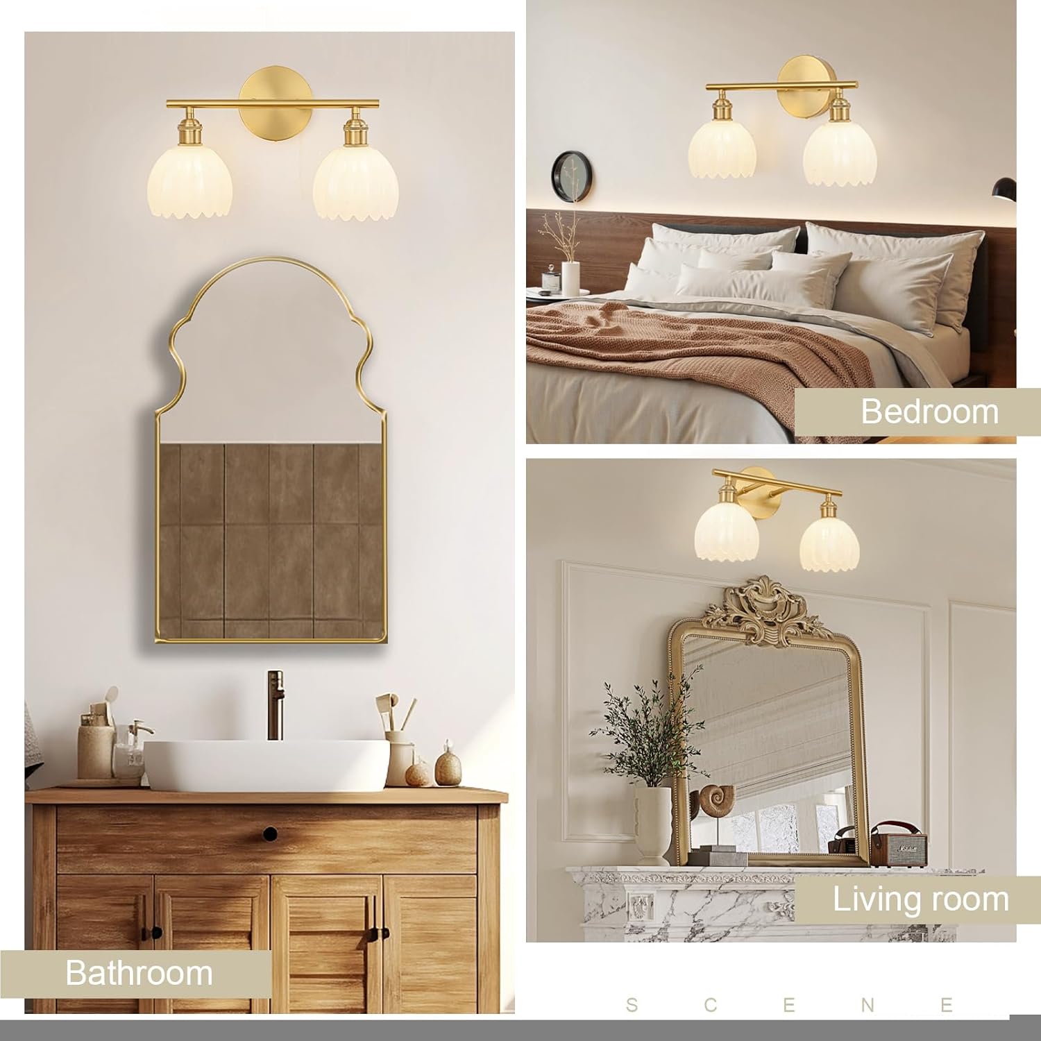 Gold Bathroom Light Fixtures Over Mirror, 2 Light Bathroom Vanity Light Fixture with Tulip Milk White Glass Lampshade, Vintage Vanity Lights for Bathroom, Bathroom Vanity Lights Over Mirror