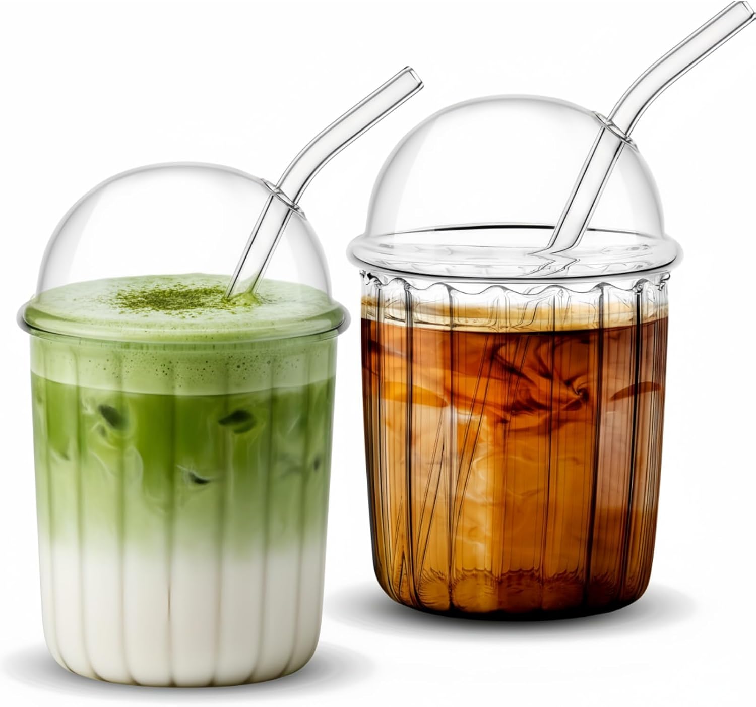 Layhit 2 Pcs Glass Cups with Dome Lid and Straw 15 oz Iced Glass Matcha Cup Aesthetic Coffee Cup Cute Drinking Glassware for Juice, Beverage, Milk, Bubble Tea, Cocktails