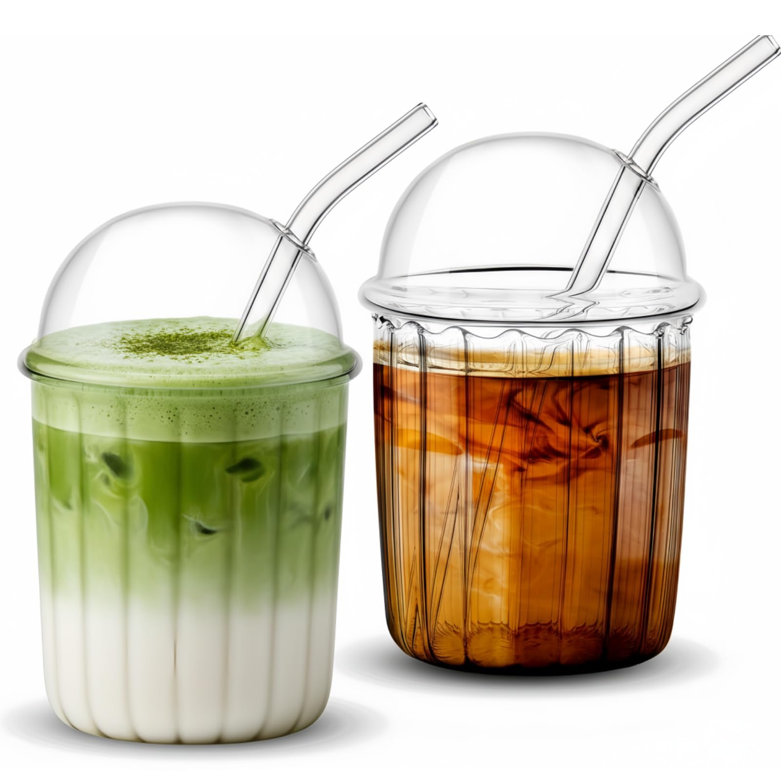 Layhit Lot de 2 gobelets à smoothie avec couvercles et pailles réutilisables – 445 ml – Tasse à café glacé – Tasse à thé à bulles avec couvercle en verre à paille – Gobelet avec couvercle dôme et