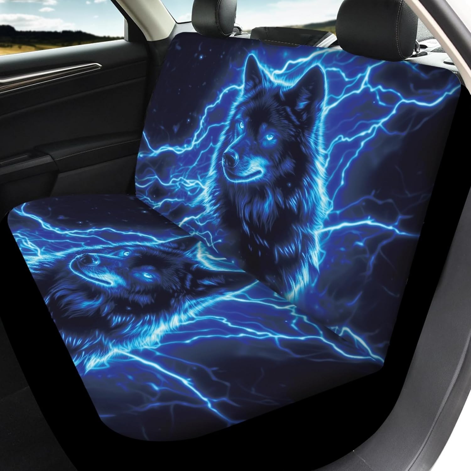Blue Wolf Print Car Seat Covers Full Set 4 Pcs Front and Rear Easy to Install Automotive Interior Car Seat Protectors for Men Women