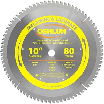 Oshlun SBL-100080 10-Inch 80 Tooth HI-ATB Saw Blade with 5/8-Inch Arbor for Melamine and Laminates