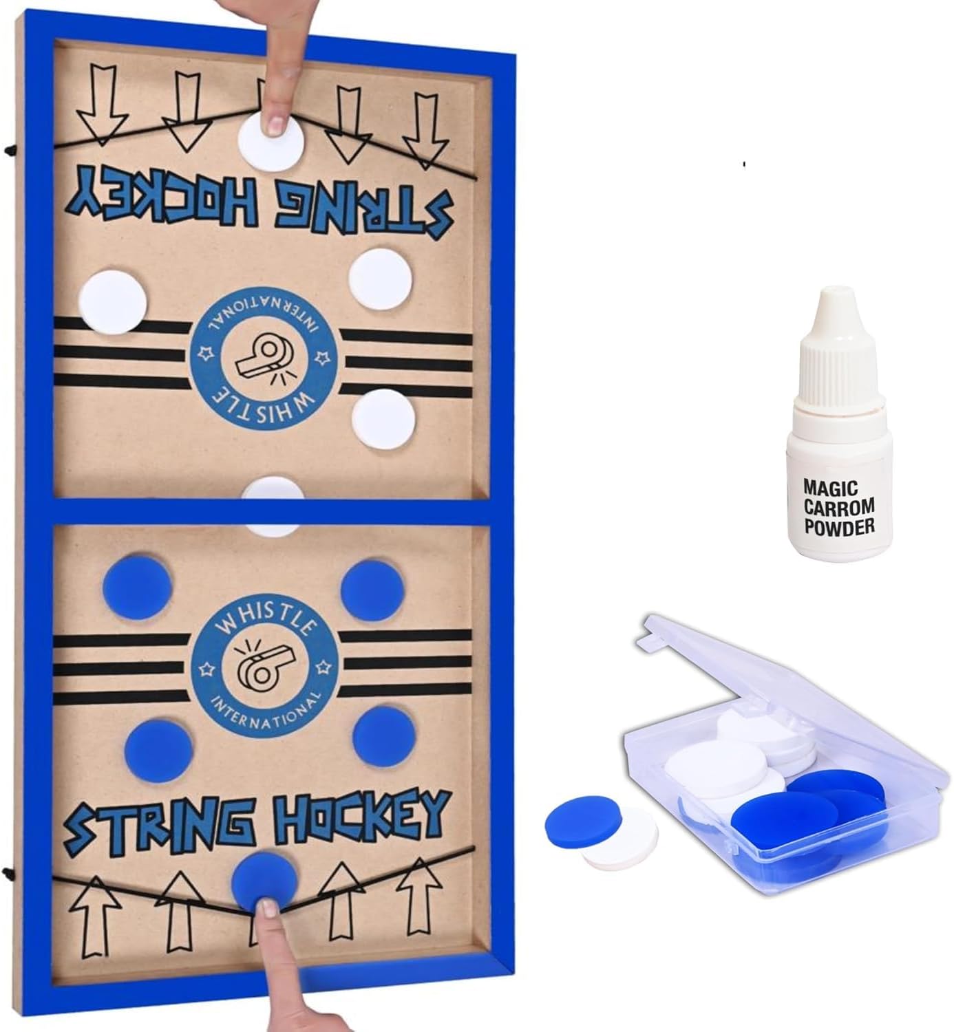 - 24 Professional Large Size Fast | Faster | Fastest Finger First String Hockey Sling Puck Indoor Board Games & Toys For Kids Children Adults & Family. (Blue)