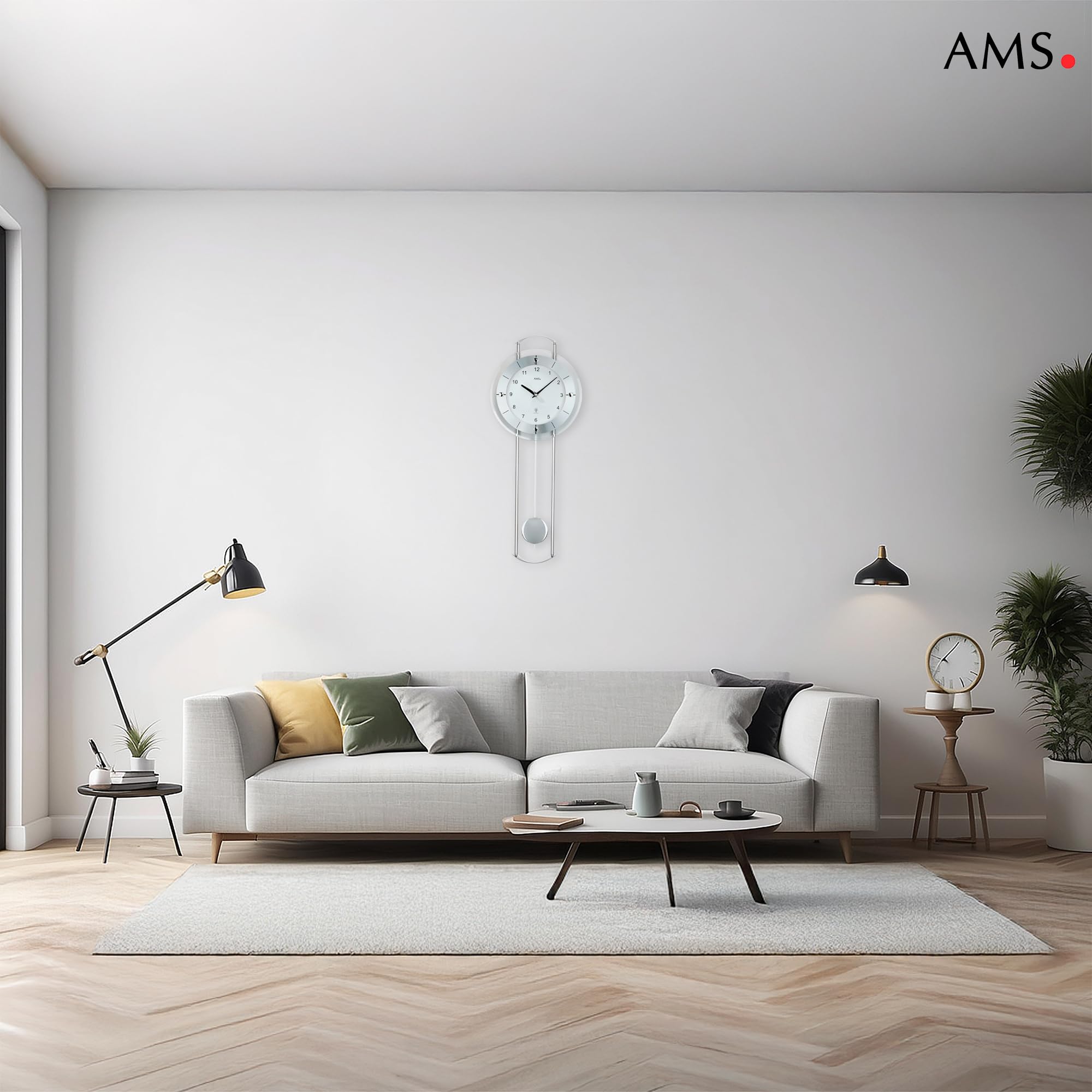 AMS Pendelwanduhr 5254, Funk, mit Silberlackierten Metallstäben, Aluminiumfrontreif und Mineralglas, Arabische Ziffern, 24 x 60 x 6 cm