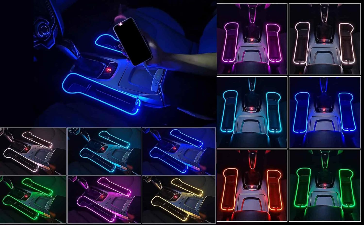 LED Car Seat Gap Filler Organizer with Fast Charger and Cup Holder - 7 Color Ambient Lights, PU Leather Storage Box for Phone/Keys/Coins (Universal Fit for SUV/Sedan)