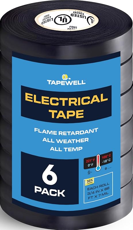 TAPEWELL Black Electric Tape - Professional Grade - 3/4 in x 66ft - PVC Electrical Insulating Tape for All Weather Waterproof Tape - Black Tape - Home Improvement Electrical Equipment (Pack of 6)