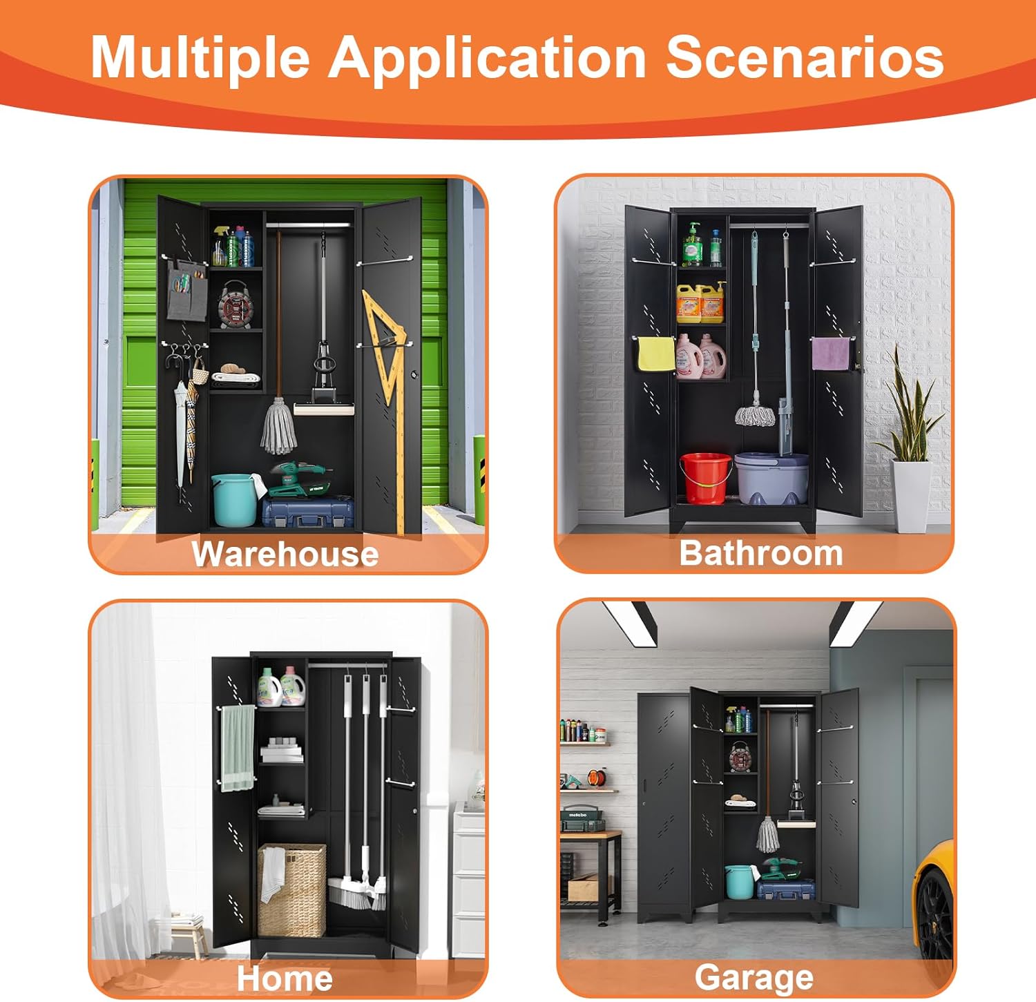 75" Metal Garage Storage Cabinet, Cleaning Tool Storage Cabinet, Utility Garage Storage Broom Closet with Doors, Hanging Rod (Black, Door-2)