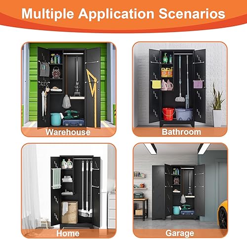 Miniatura 5 de Armario de almacenamiento de metal de 75 pulgadas, gabinete de almacenamiento de herramientas de limpieza, armario de escoba de almacenamiento