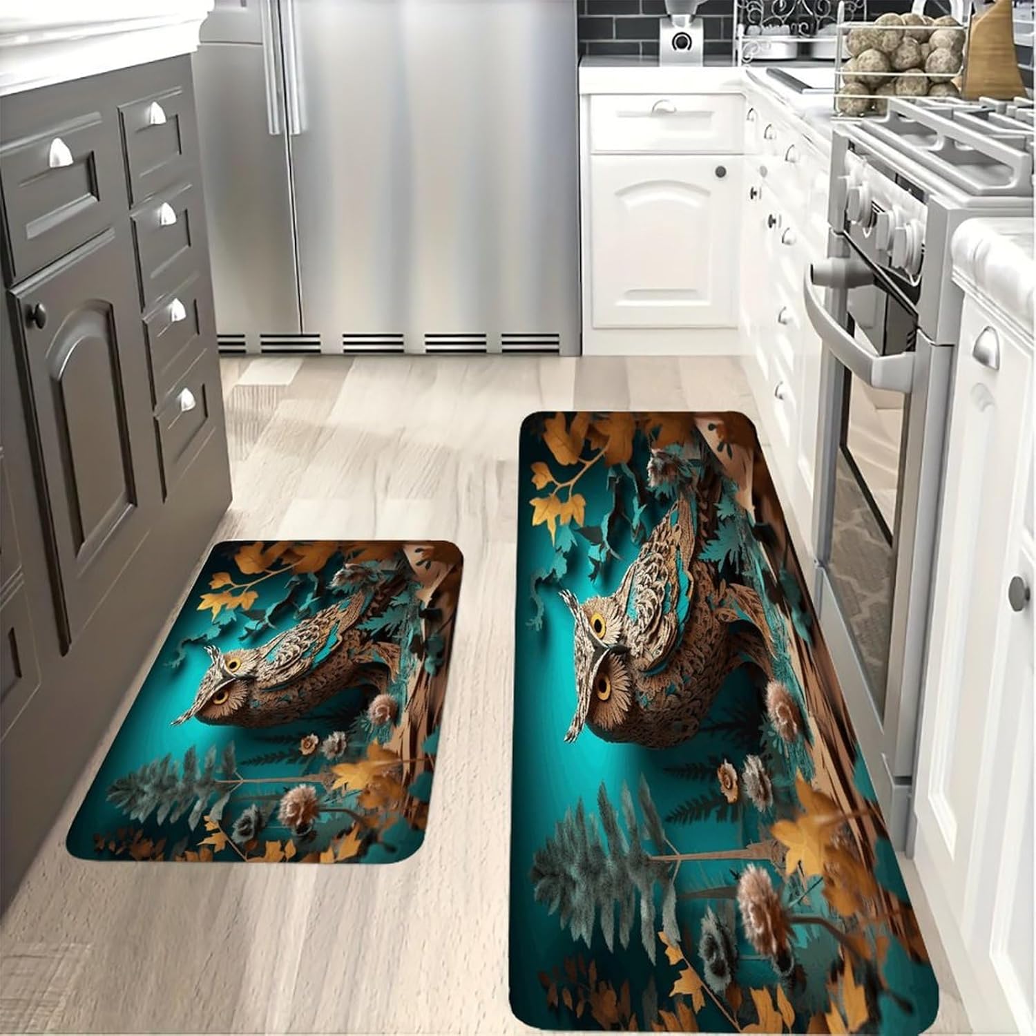 Owl Kitchen Mat Washable Non Slip Rugs Soft Kitchen Mats for Floor Set of 2 PCS Cushioned Absorbent Runner Standing Rugs for Home Sink Laundry Office