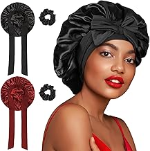 FOLAI Adjustable Curly Hair Satin Cap with Elastic Wide Band for Sleeping - for Women and Girls, Black+Red