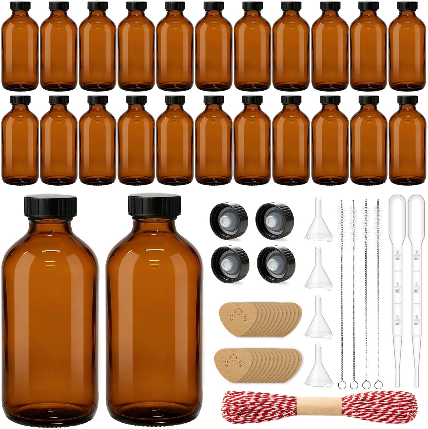 TBWIND 24 Pack 8oz Amber Glass Bottles with Lids, Boston Round Bottles with Airtight Polycone Caps for Homemade Vanilla Extract, Tinctures, Juice, Syrups, Kombucha & Herbal Liquids
