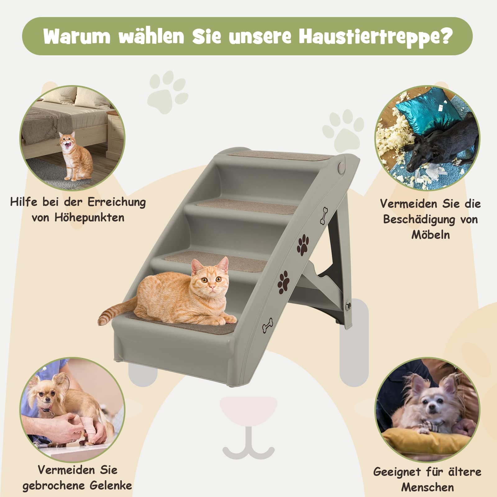 COSTWAY 4-stufige Haustiertreppe mit Teppichboden, Hundetreppe Kunststoff Katzentreppe faltbar, Hunderampe tragbar Tiertreppe für Hunde und Katzen, Tierrampe zum Klettern und Kratzen (Grau)