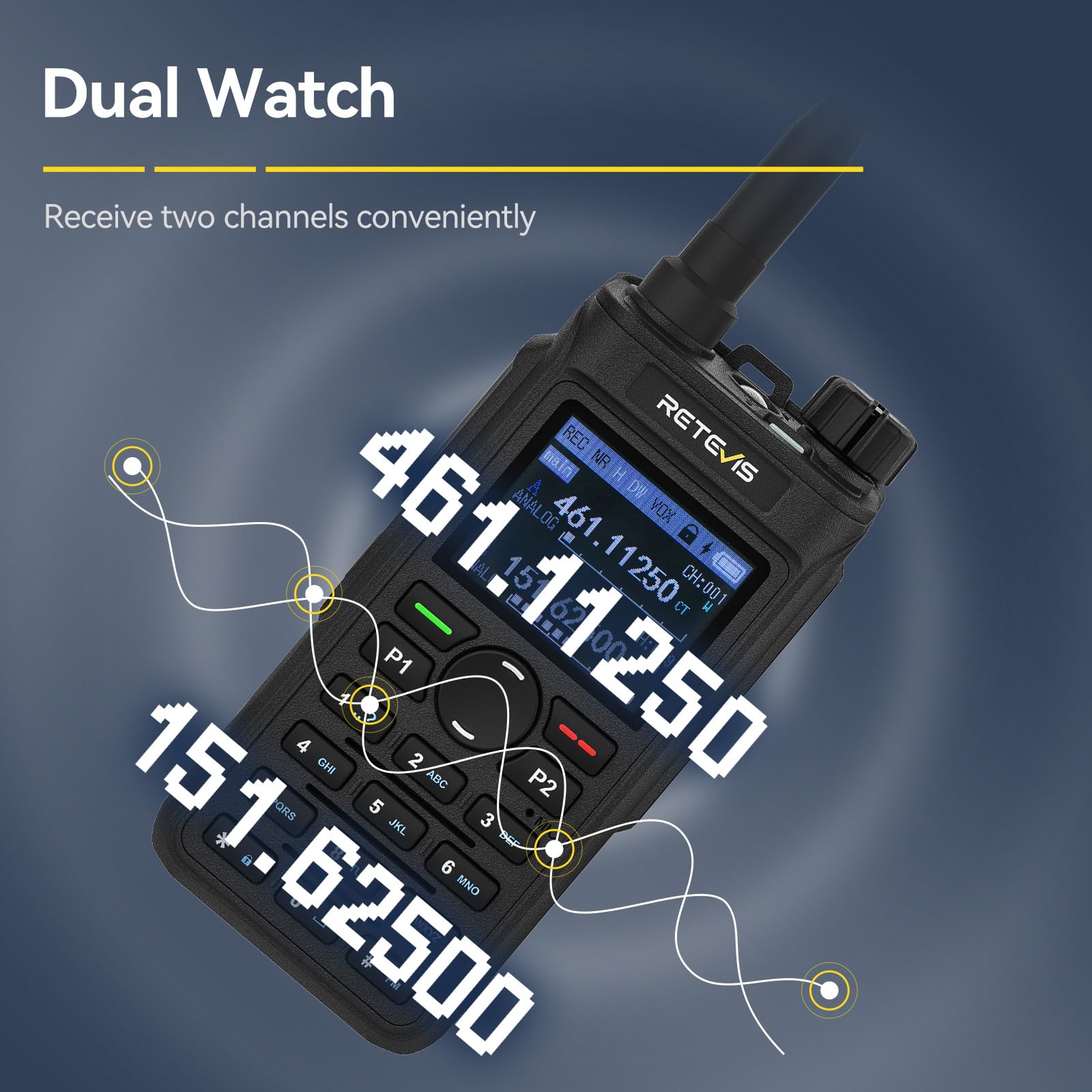 Retevis C62 Walkie Talkie Lungo Raggio, Professionali Ham Radio Bibanda, Display LCD, 2000mAh, Walkie Talkie Ricaricabili per Adulti, per Escursionismo/Caccia/Campeggio (Nero, 1 Pezzo)
