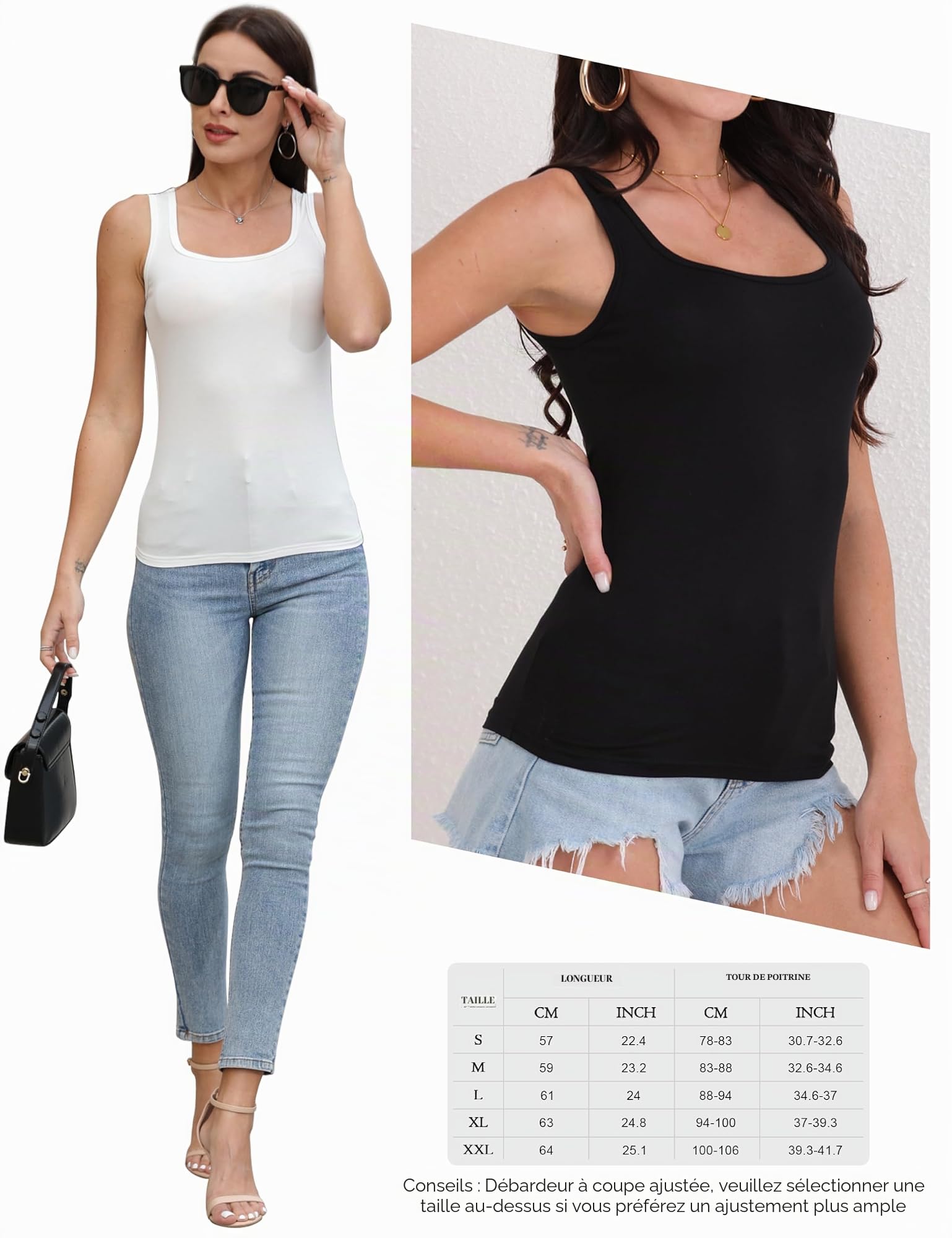 BQTQ 5 Pièces Débardeur Femme Tank Tops Extensibles Crop Top sans Manches Maillots de Corps à Col Carré Débardeur