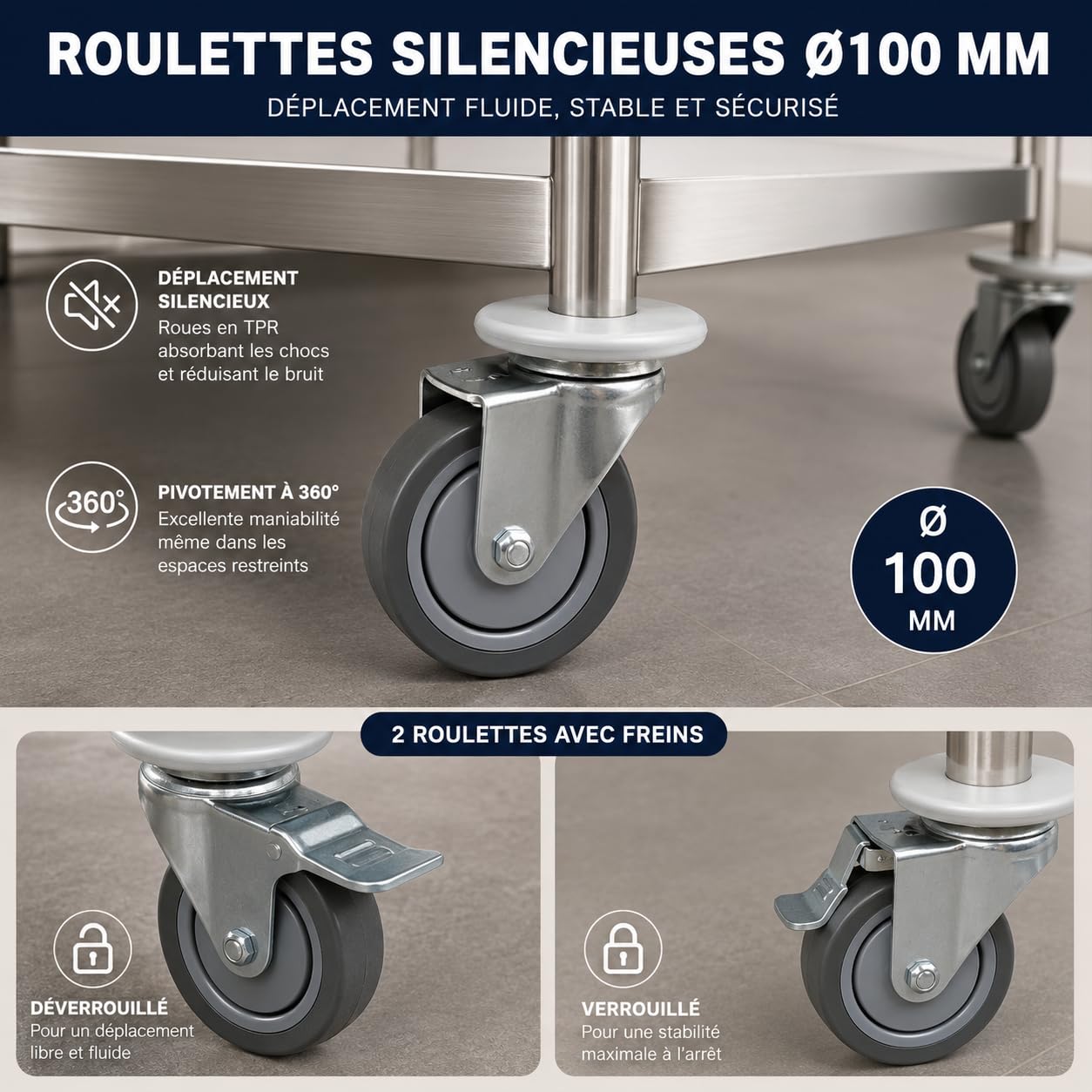 Chariot de Service INOX Professionnel 3 Niveaux – 84,5 x 52,5 x 94 cm – Charge 150 kg – 4 Roues Pivotantes 2 avec Freins – Desserte INOX Cuisine Professionnelle, Restaurant, Collectivité