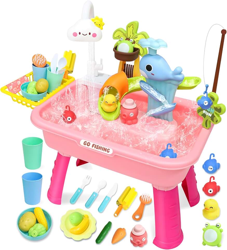 Water Play Table for Toddlers 1-3, Kids Play Sink with Electric Faucet, Outdoor Water Table with Fishing Game, Summer Baby Water S