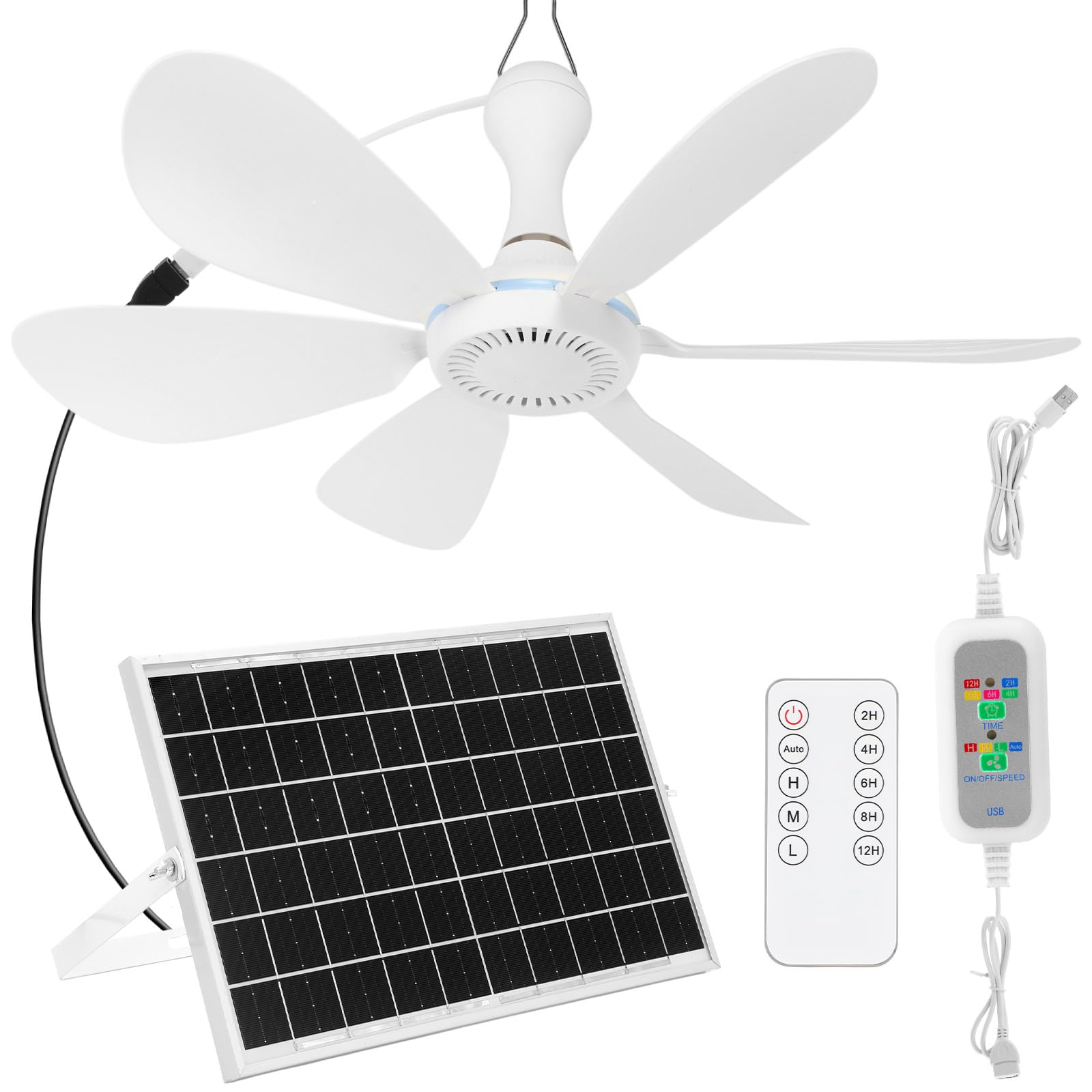 Ventilateur de plafond USB suspendu solaire 15W avec télécommande pour camping et tente