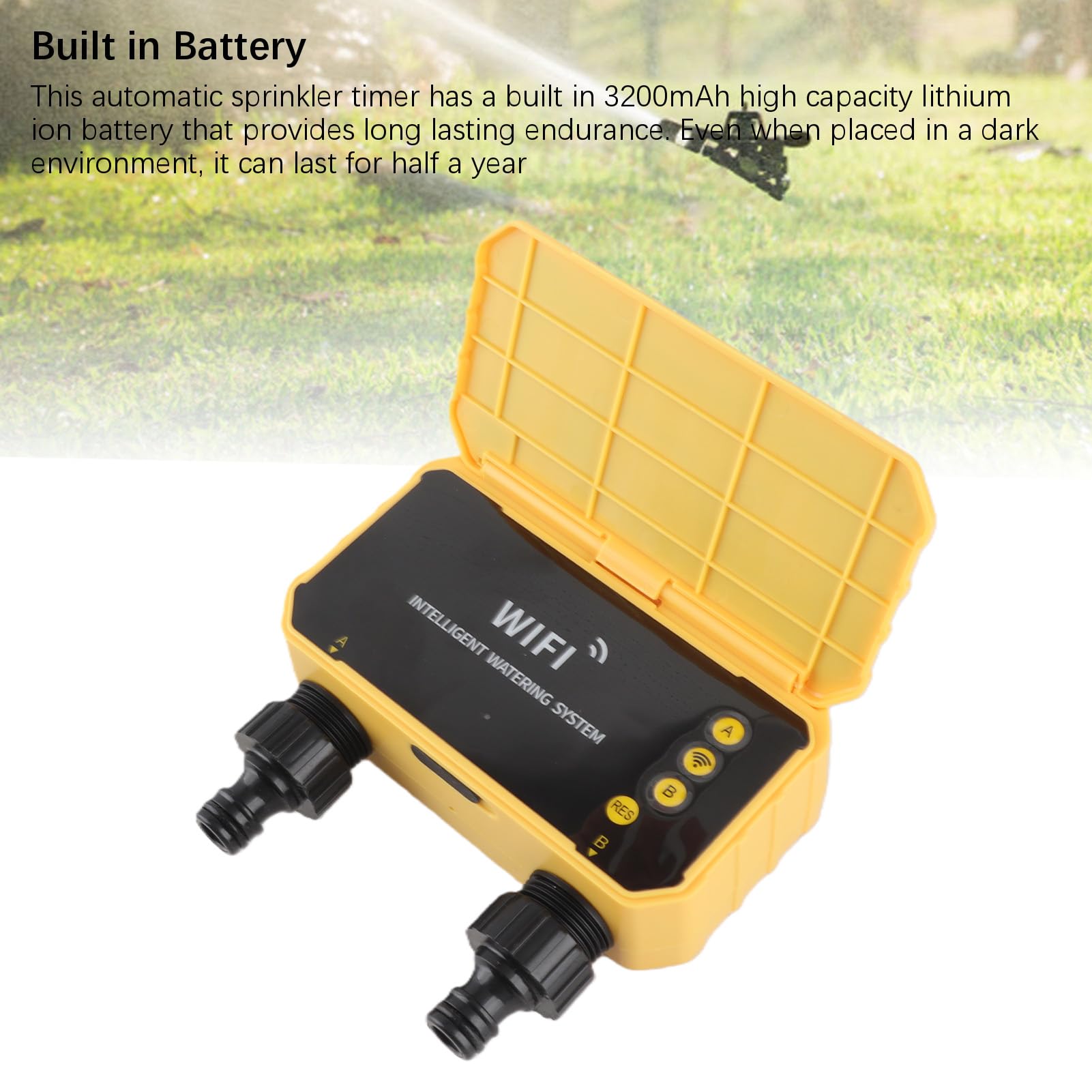 Timer per irrigazione solare 2 uscite, timer per irrigazione automatico con controllo APP con rilevamento della pioggia, batteria di riserva da 3200 mAh per irrigazione