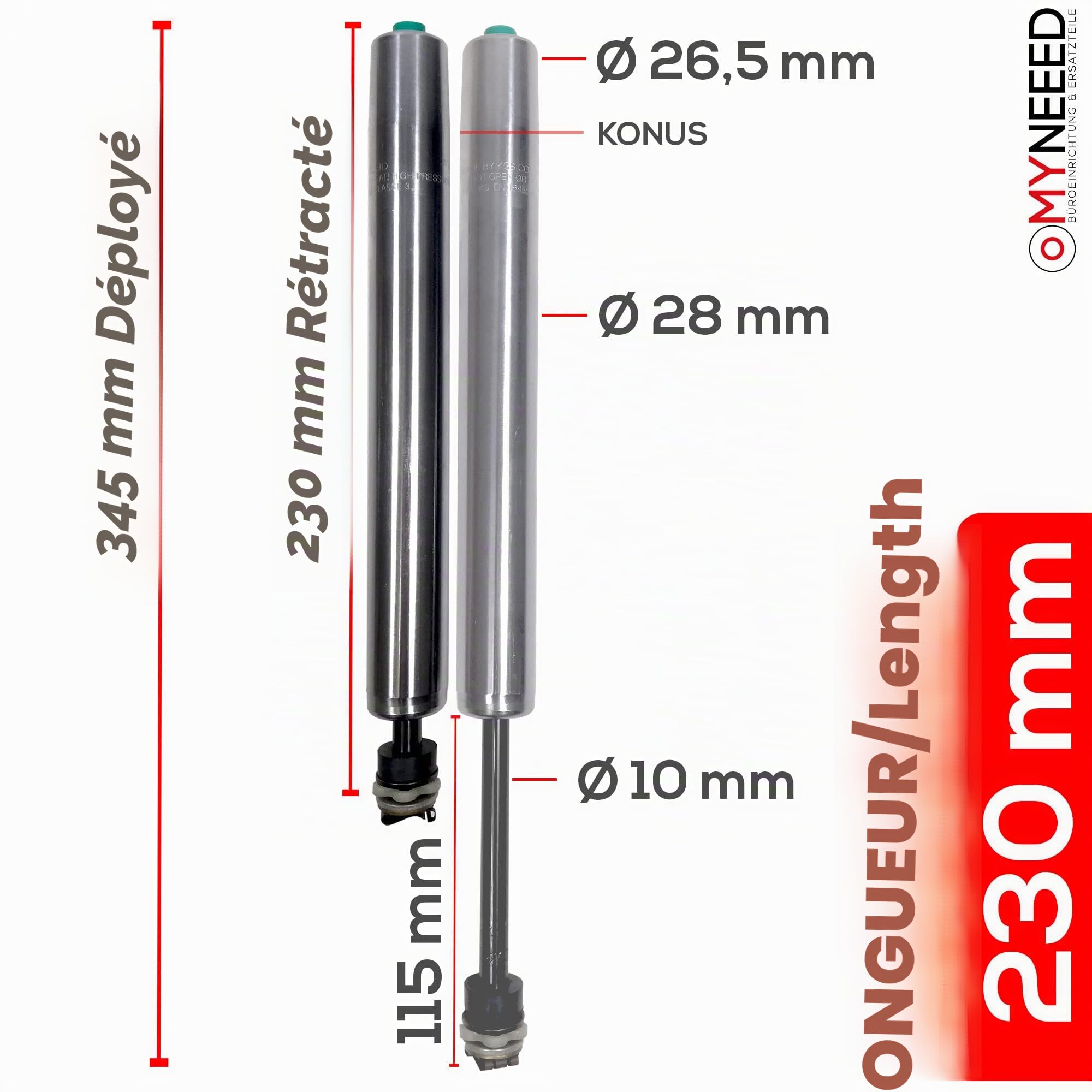 Ressort à gaz pour Chaise de Bureau - Pièces de Rechange compactes - Vérin à gaz de Rechange jusqu'à 200 kg - Réglable en Hauteur en continu - Certifié TÜV & GS - Longueur: 230 mm