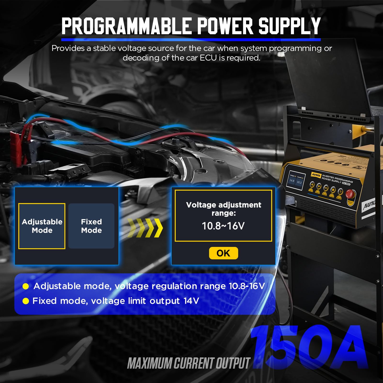 AUTOOL Ładowarka do akumulatora samochodowego, zasilacz do przeprogramowania Flash 150A, inwerter 12 V 220 V 1500 W, szybkie ładowanie ładowarka do akumulatora ołowiowego