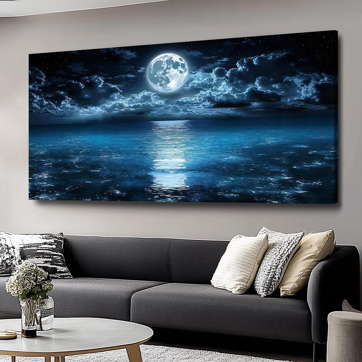Big Moon Canvas Wall Art – Modern Seascape Paintings for Living Room, Bedroom Wall Decor, Framed Wall Art for Home or Office Decoration, Large Wall Art 20″x40″(50CMx100CM)