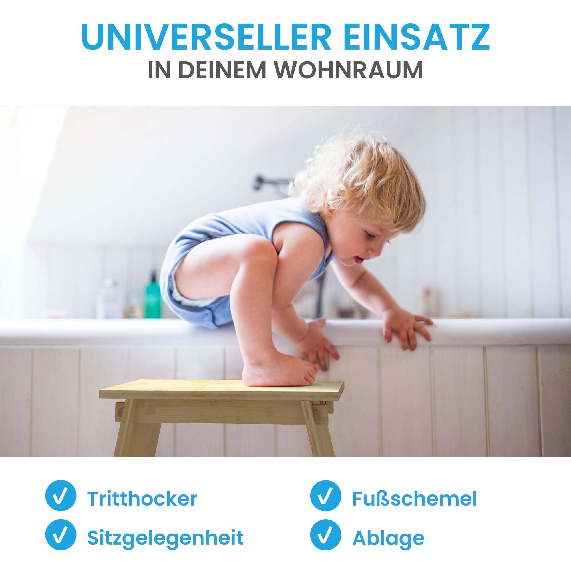 Bächlein Badhocker Doura – Ergonomischer Holz-Toilettenhocker aus FSC-zertifiziertem Bambus, 150 kg Traglast, Nachhaltig & Stabil