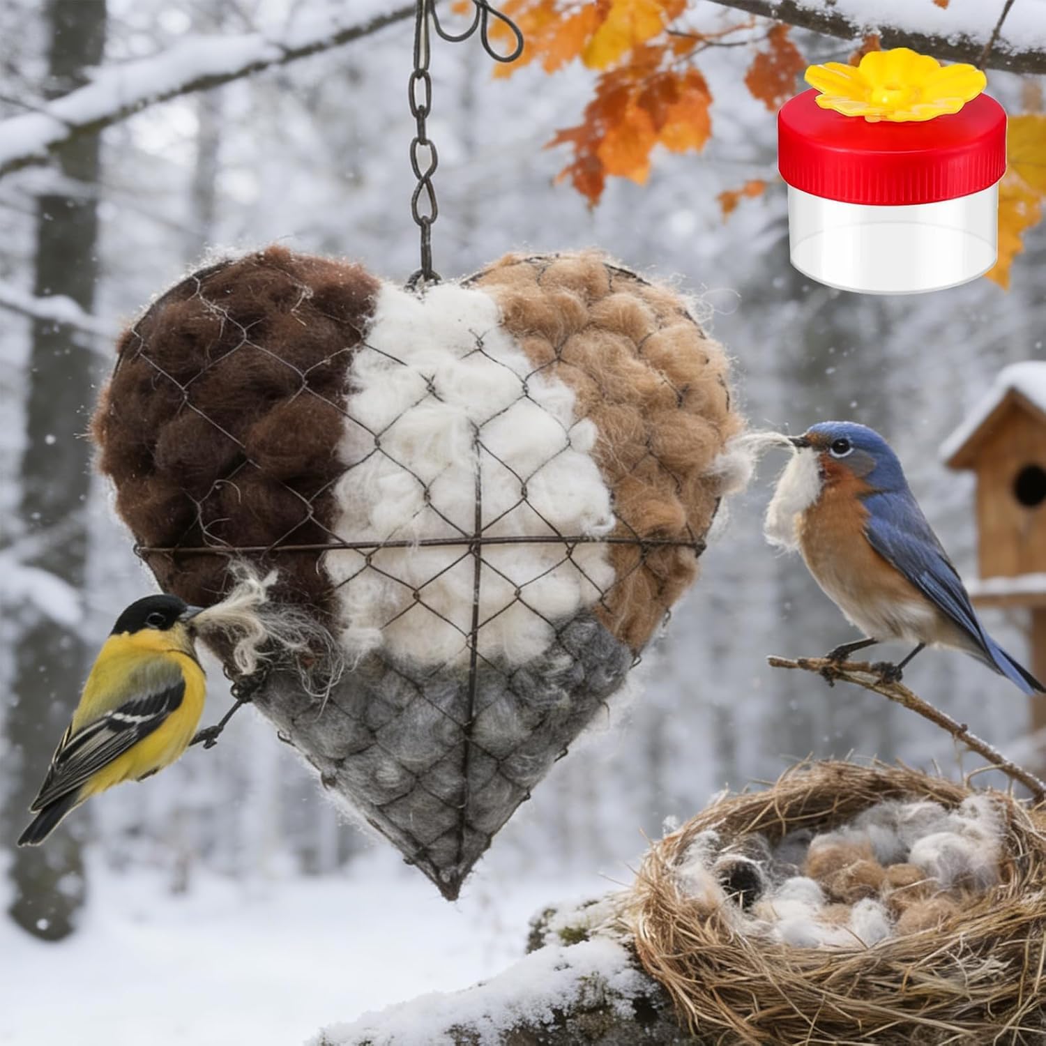 Handmade Alpaca Fiber Bird Nesting Heart, 2026 New Bird Nesting Material Holder with 1 Heart Shape Hummingbird Nesting & 2 Bags Alpaca Fiber, Winter Tree Shelter Gift for Wild Birds Lovers (1PC)