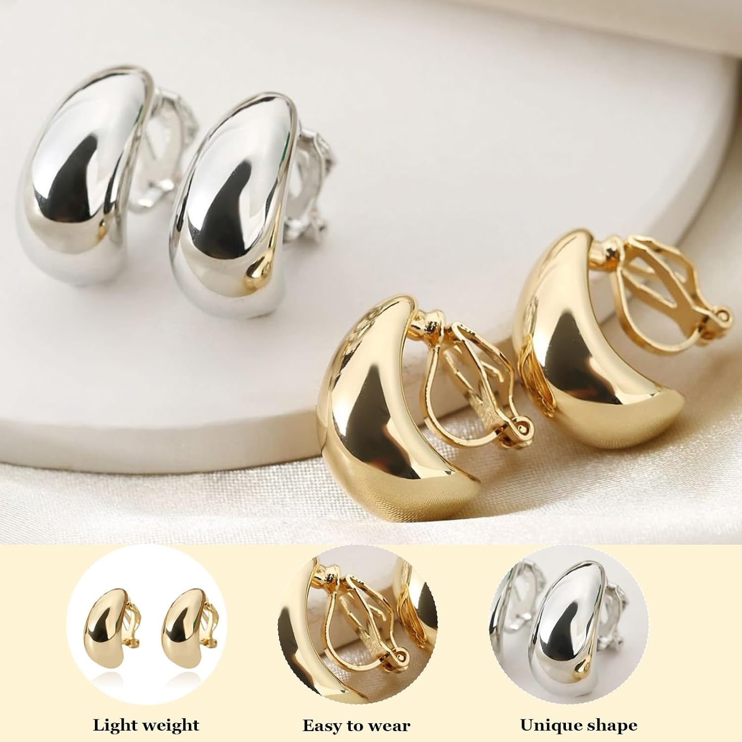 2pairs Teardrop Clip on Earrings for Women Gold Silver Chunky Tear Drop Fake Earrings No Piercing Large Statement Jewelry Trendy Non-pierced Earring Set