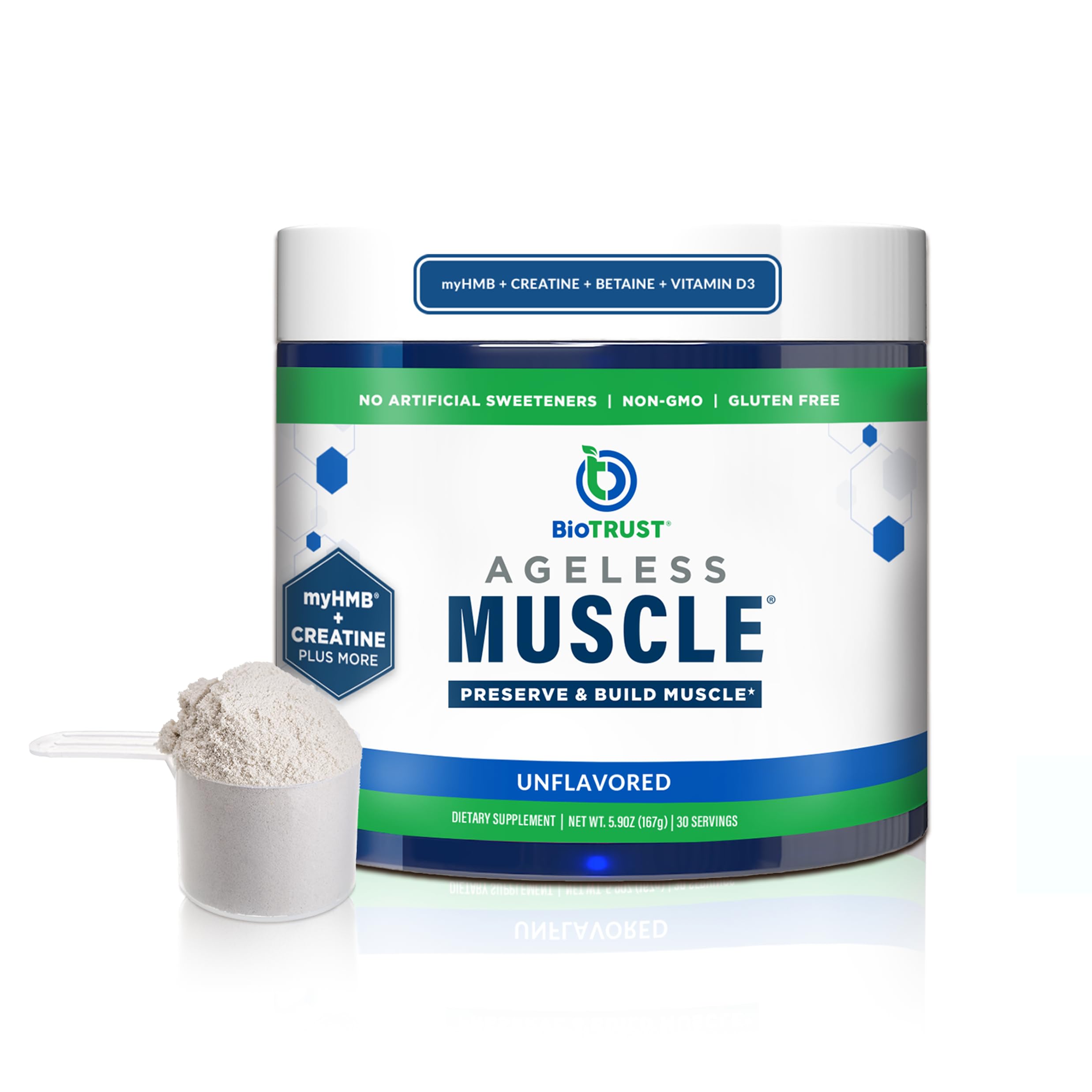 BioTrust Ageless Muscle Builder - Micronized Creatine Monohydrate Powder with HMB, Vitamin D3 & Betaine - Build & Preserve Naturally Declining Muscle Mass & Strength - Unflavored, 30 Servings