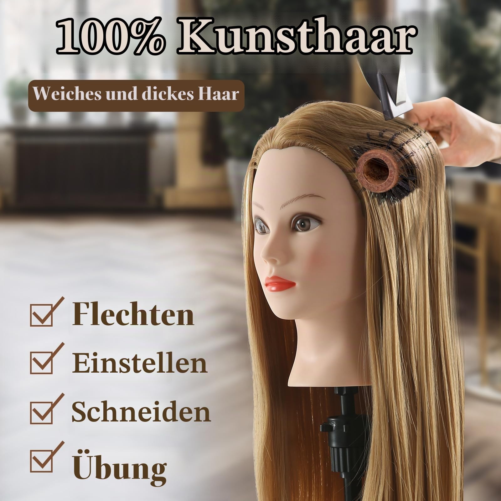 Frisierkopf Echthaar mit Ständer, 26 Zoll 100% Synthetisches Haar Trainingsköpfe für Friseure, Übungskopf Friseur Puppe Mannequin Kopf mit DIY Haare Frisuren Set