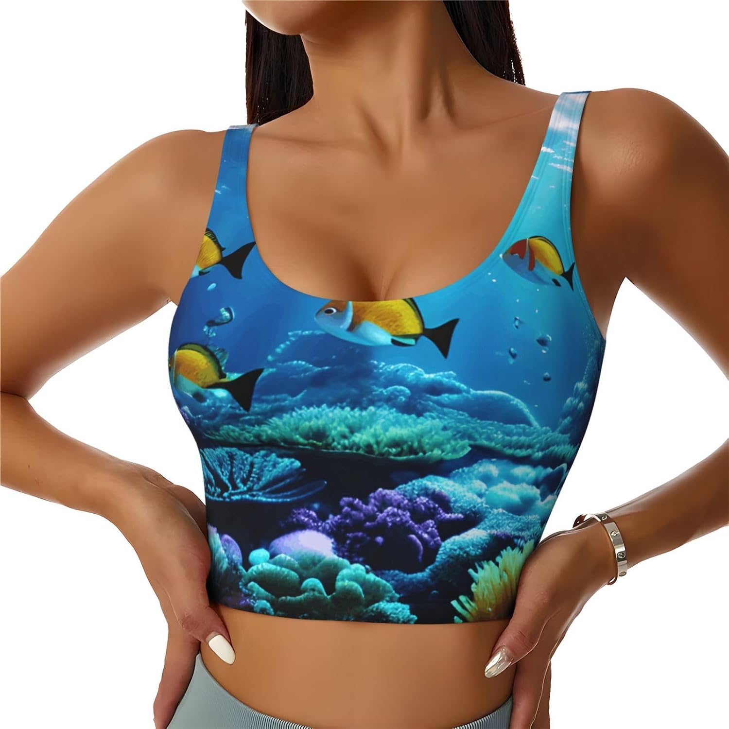 Tranquil Underwater Scenery Print Women's Sports Bra Tank Tops,Longline Sports Bras for Yoga,Workout and Running