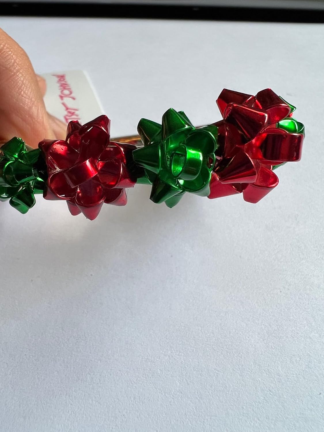 Betsey Johnson Gold Tone Red & Green Metal Christmas Bow Hinged Bangle Bracelet Christmas Gift Idea Birthday Anniversary Present XMAS Colorful Gifts Fashion Jewelry
