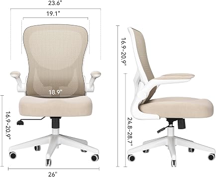 Hbada Office Chair Ergonomic Desk Chair, Office Desk Chairs with PU Silent Wheels, Breathable Mesh Computer Chair with Adjustable Lumbar Support, Flip-up Armrests, Tilt Function, Grey