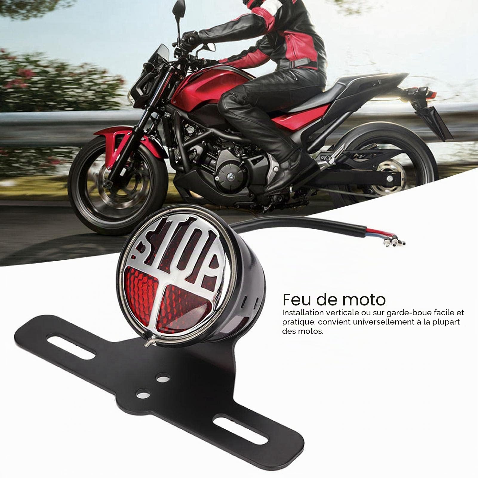 Feu Arrière Moto LED Universel Vintage avec Support de Plaque d'Immatriculation - Feu Stop et Feux Stop pour Moto