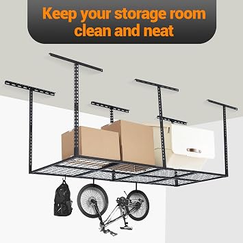 3X8FT Overhead Garage Storage Rack, 22-40 Height Adjustable Garage Ceiling Storage Racks, Heavy-Duty Metal Storage Organization System, 600 LBS Weight Capacity, Black
