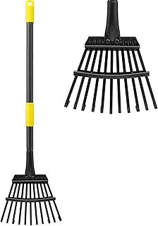 Garden Leaf Rake for Lawns Heavy Duty, Adjustable Shrub Iron Thatch Rake Long Handle 30-72", 11 Tines 9" Wide Adult Kids Y...