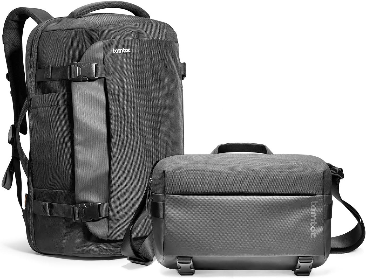 tomtoc 40L Travel Backpack, Black & 10L Laptop Messenger Bag Bundle – TSA-Friendly Water-Resistant Carry-on Travel Backpack with Everyday Carry Bag
