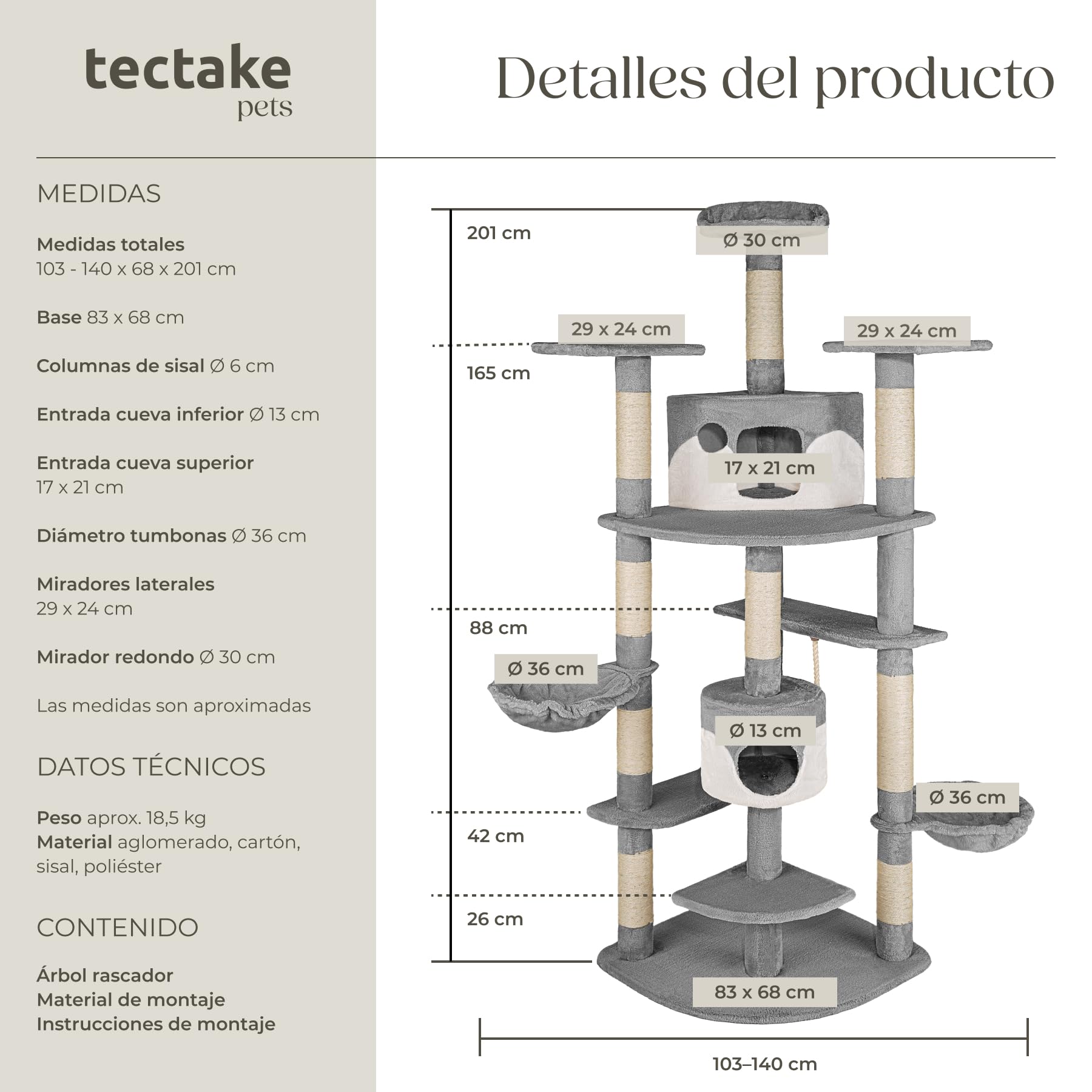 tectake® Rascador Árbol para Gatos 4 Plataformas, 2 Casetas, Varias Alturas, 2 Nidos Basculantes, Rascador para Gatos Grandes, Árbol Rascador para Gato, Casa para Gato - 201 cm Gris/Blanco