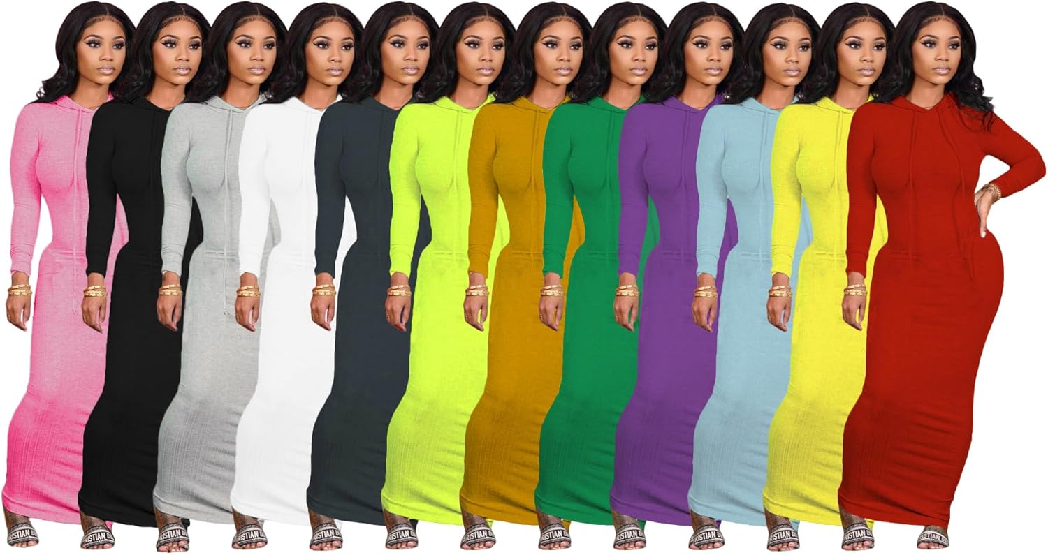 Long Sleeve Bodycon Maxi Dress for Women One Piece Hoodie Sweatshirt Dresses - Image 5