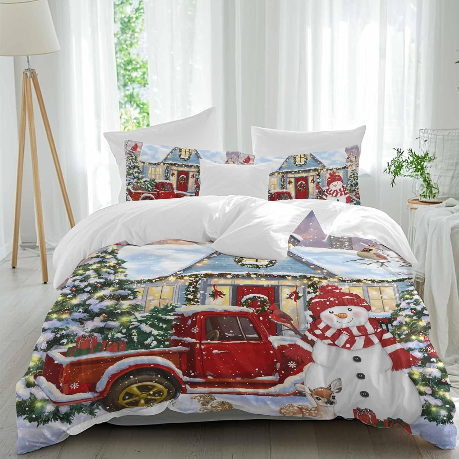 Red Christmas Bedding Queen Duvet Cover Set, Snowman Truck 3 Piece Microfiber Soft Comforter Quilt Cover with 2 Pieces, Xmas Tree Snowflake Winter Decorative Throw Pillow Cases Sham for All Seasons