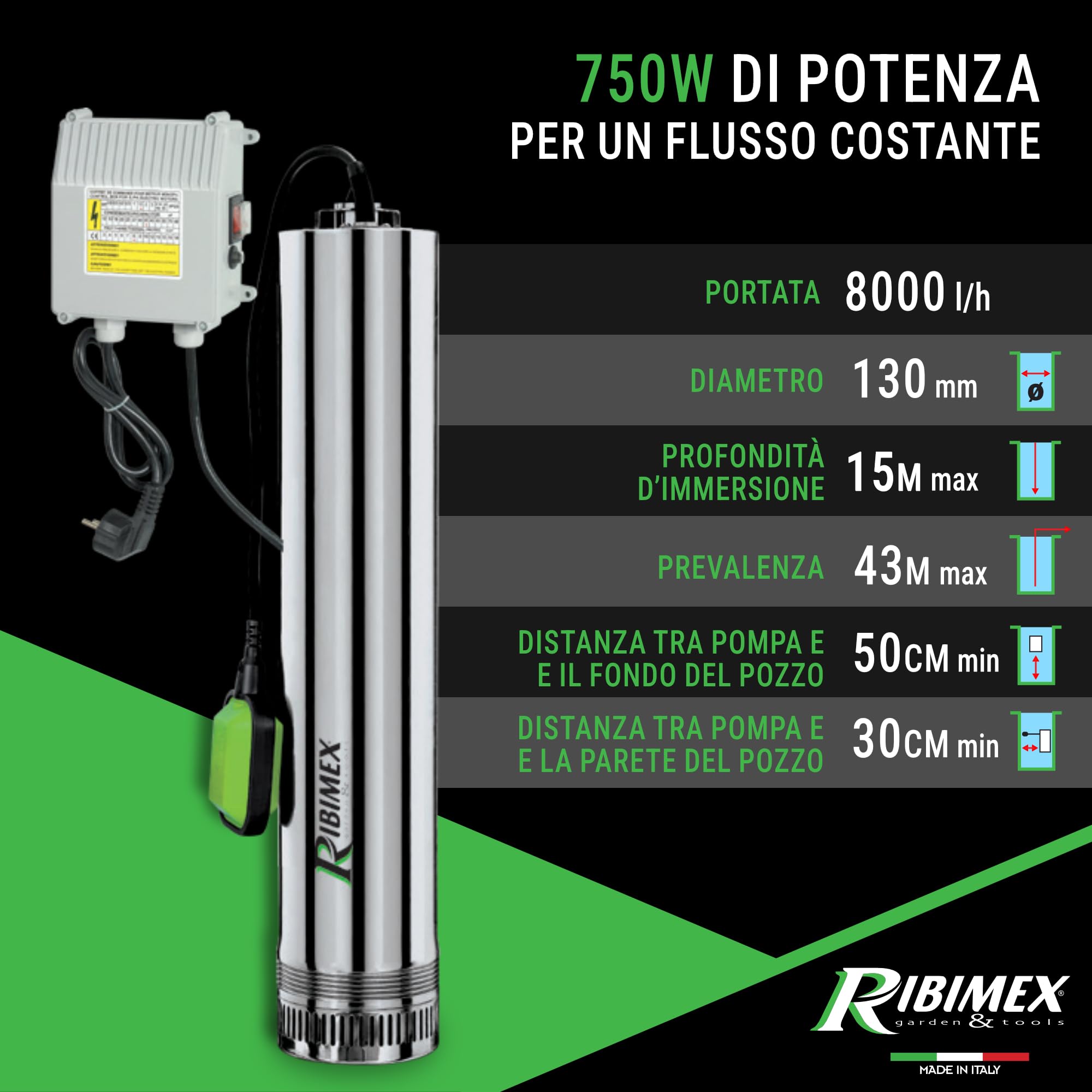 Ribimex Pompa Sommersa per Pozzi 4 Turbine, Acque Chiare, 750W, Portata 8000L/h, Immersione Max 15 m, Prevalenza 43 m, in Acciaio Inox, Ideale per Pozzi, Cisterne e Serbatoi - PRPVC751/43F