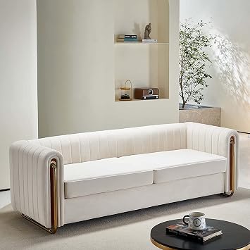 KEVINSPACE 84.25" Modern Sofa Couch Velvet, Loveseat Sectional Sofa Couch with Gold Legs for 3-4 Persons, Upholstered Deep Seat Love Seat Mid-Century Sofa for Living Room Office Apartment Beige